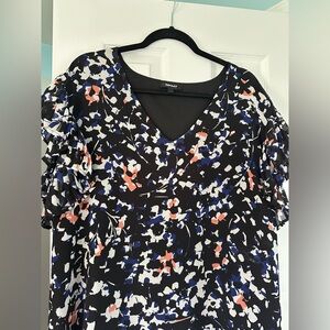 DKNY Ruffled Short Sleeve Blouse in White and Blue